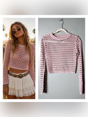 Womens Open Knit Cropped Top Size XS Festival Rave Mesh Coachella Fairy Pink